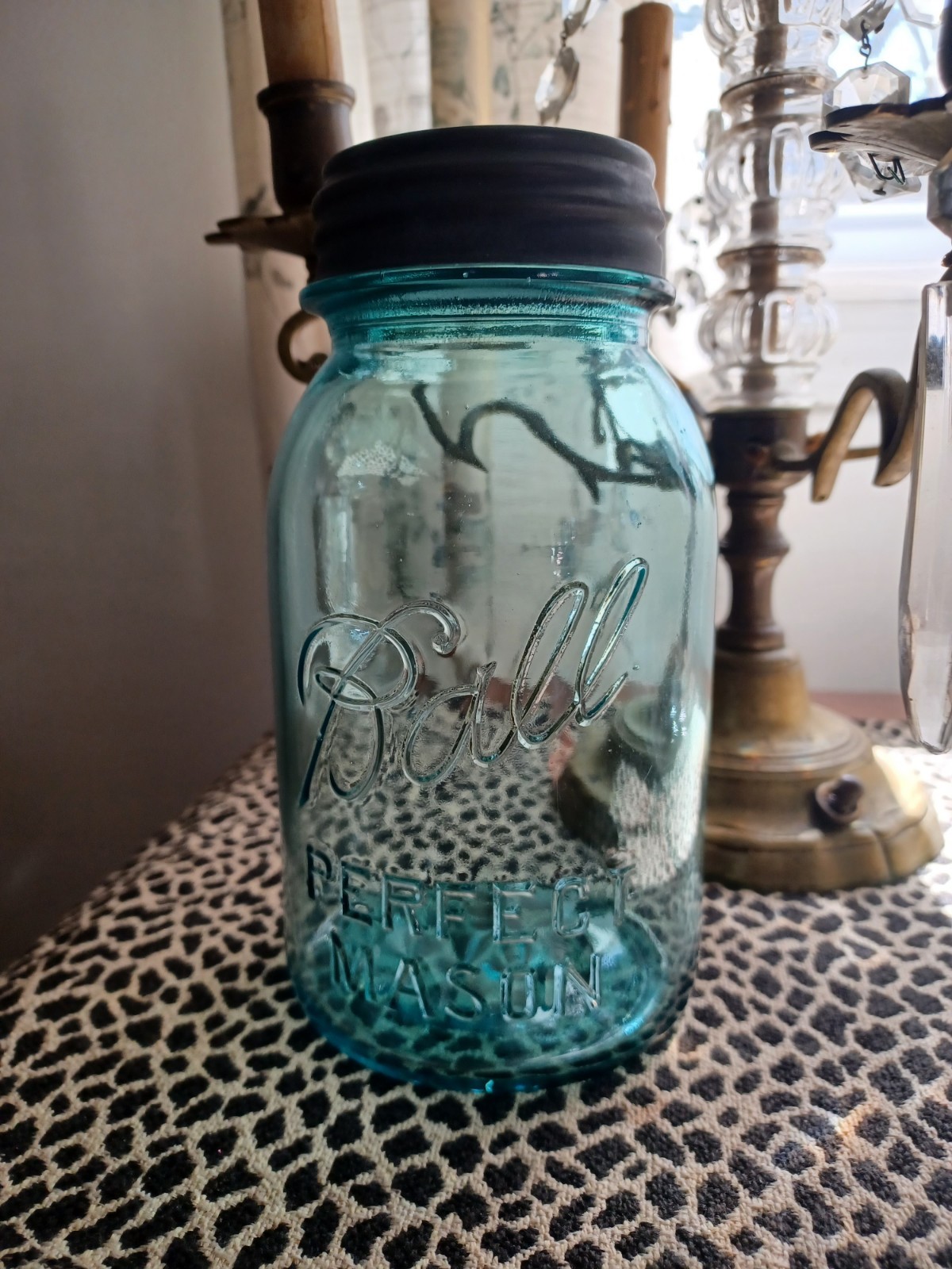 Antique # 13 Ball Perfect Mason Jar Aqua Blue Quart