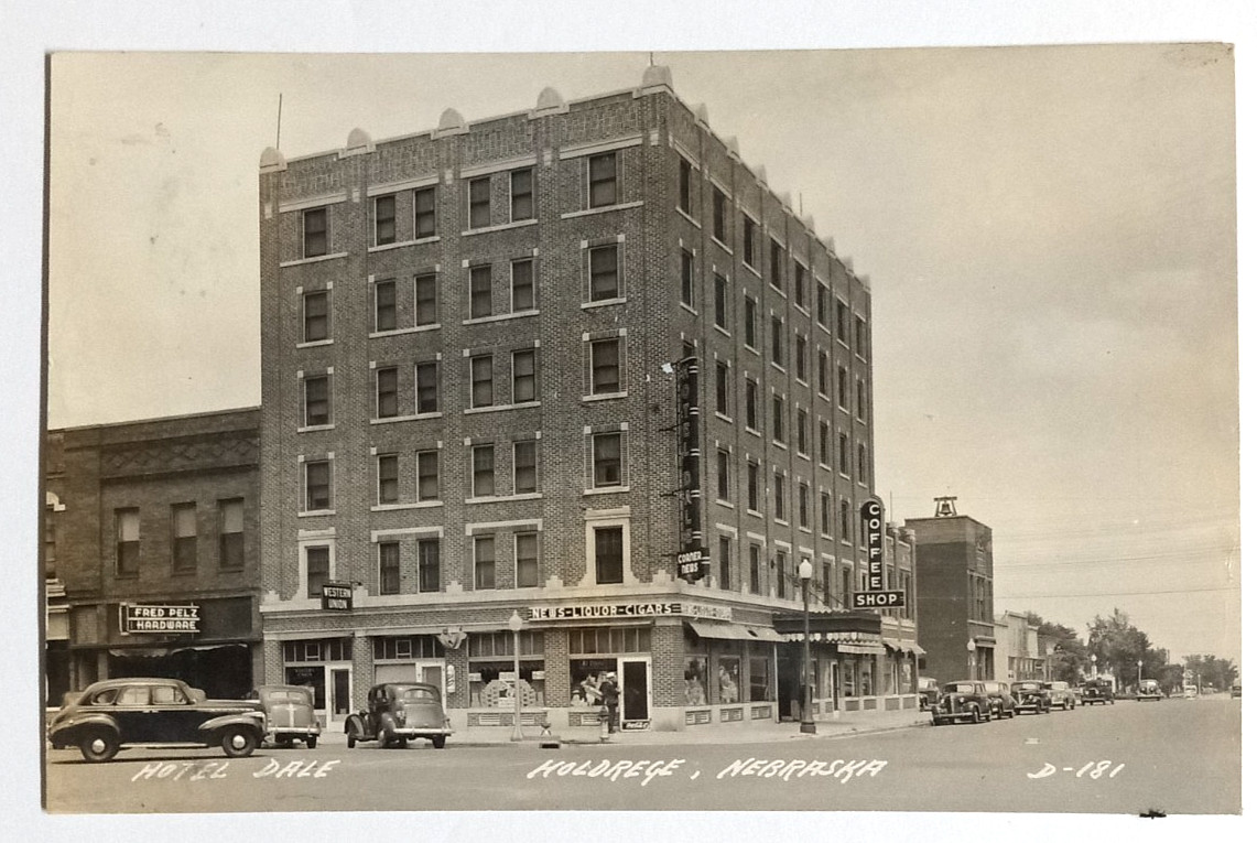 Hotel Dale Holdrege NE c1940s Real Photo Postcard RPPC Fred Pelz Hardware Cigars