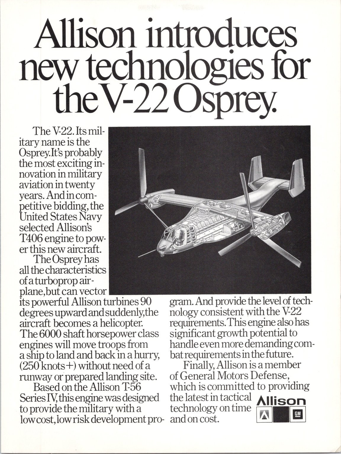 Allison V-22 Osprey Military Aircraft Engine Vintage 1980s Magazine Ad