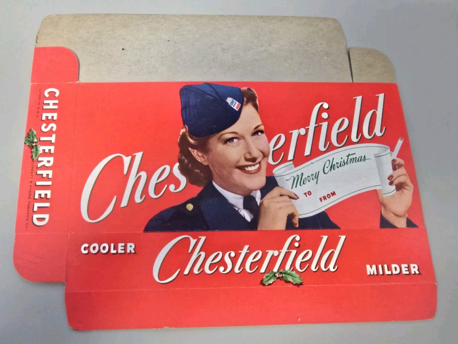 WWII Era 1940s Chesterfield Cigarettes Holiday Gift Box Sleeve Sign Red
