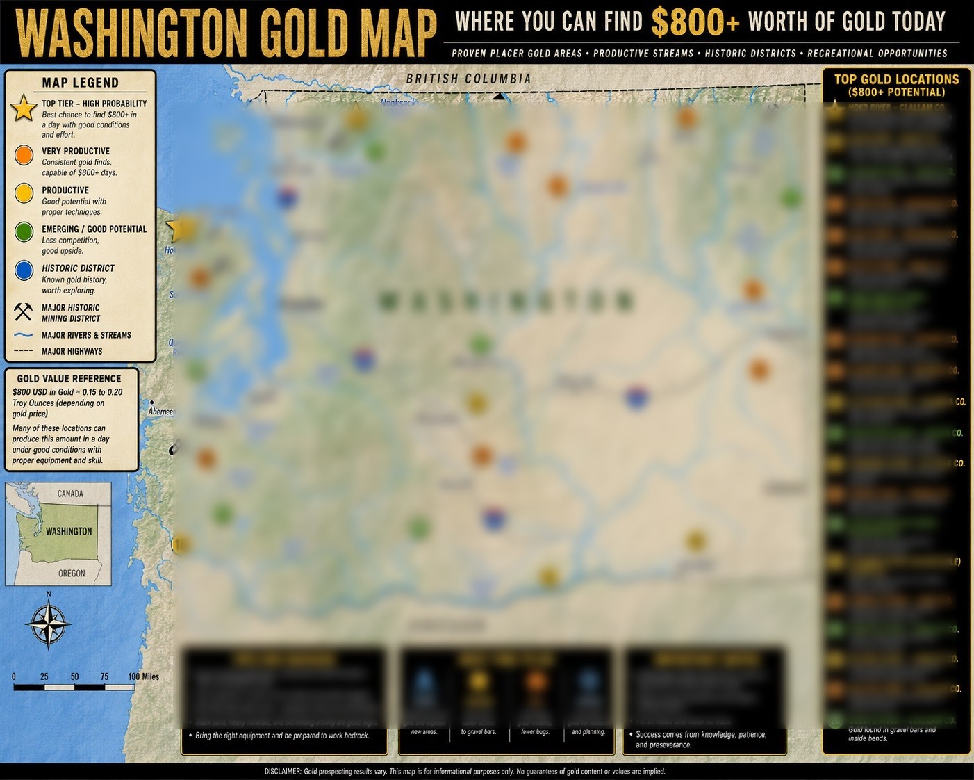 Current Map Where to Make $800 in Gold Daily Panning in Washington & Make Big $