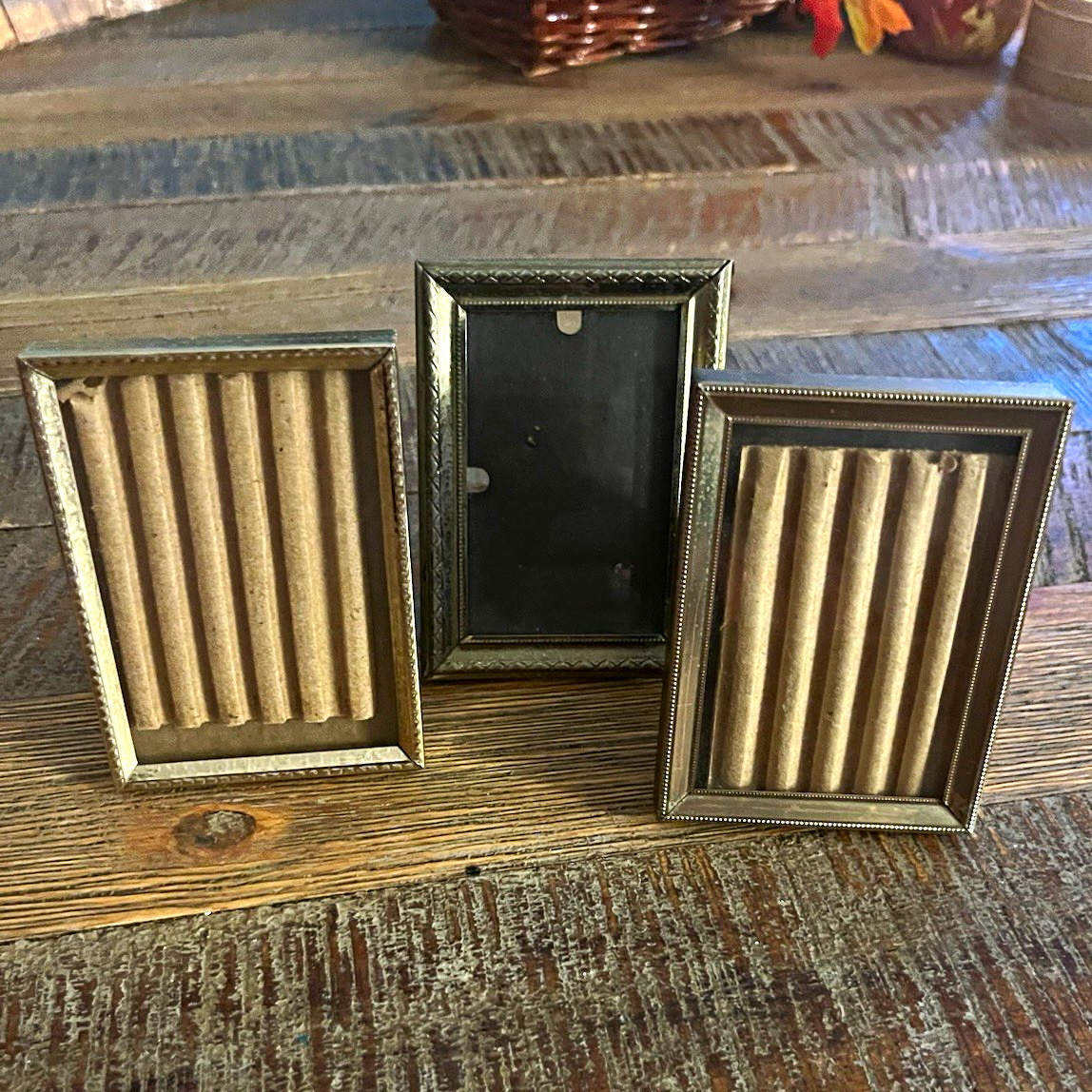 Set of 3 Mini Metal Photo Frames 2x3 Gold Metallic Portrait Easel Back Vintage