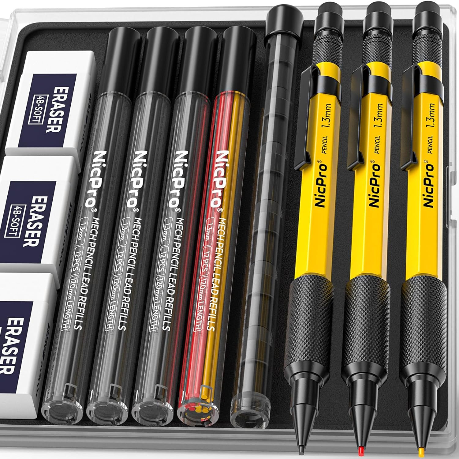 Nicpro 3 PCS 1.3 Mm Mechanical Pencil Set with 48 Lead Refills, 3 Eraser - Weath