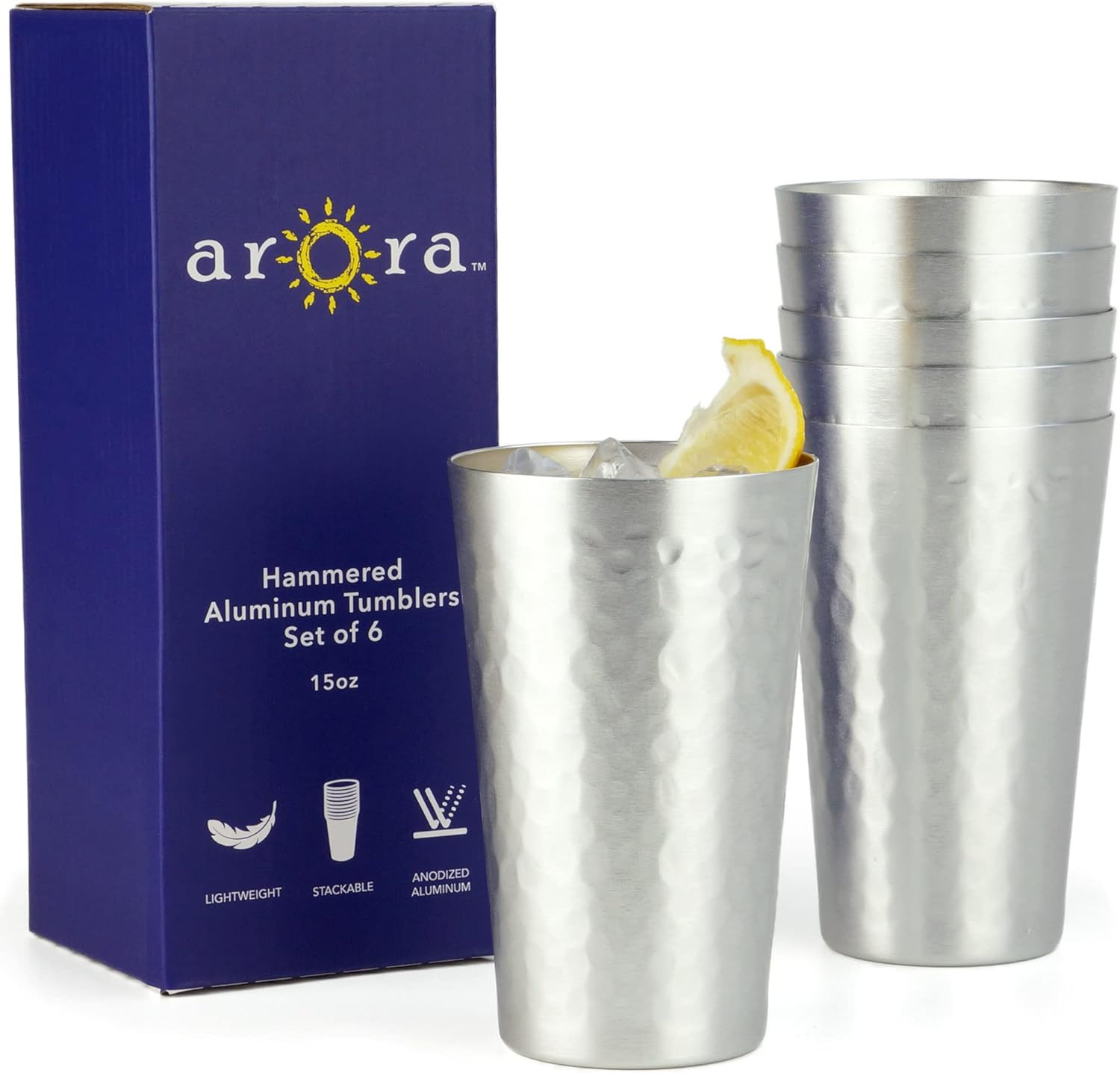 Aluminum Metal Cups for Drinks, Metal Anodized Hammered Silver Color Tumblers Se