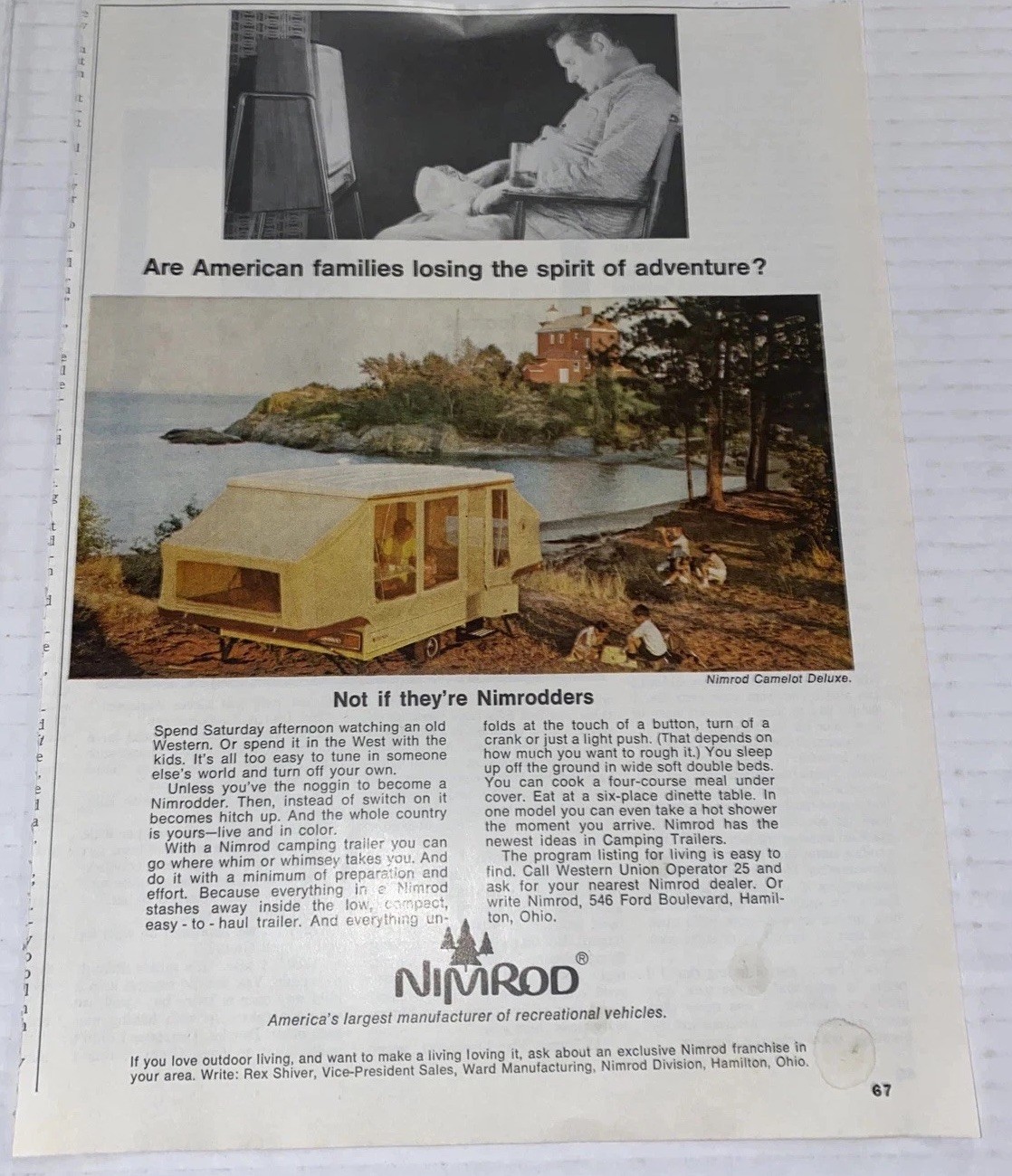 Vintage 1960s Nimrod Print AD Tow-Behind Travel Camping Trailer Hamilton OH 1968