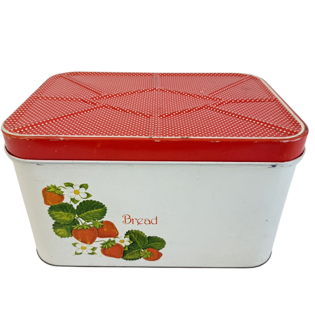 Retro Vintage 1950\'s Mid Century Strawberry Kitchen Tin Metal Bread Box Decoware