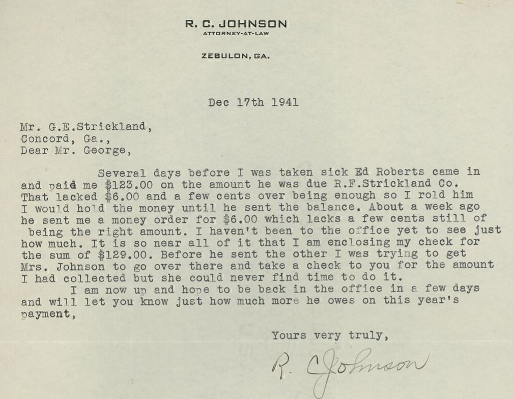 1941 Attorney Letter R.C. Johnson Zebulon, GA Debt Payment R.F. Strickland 393