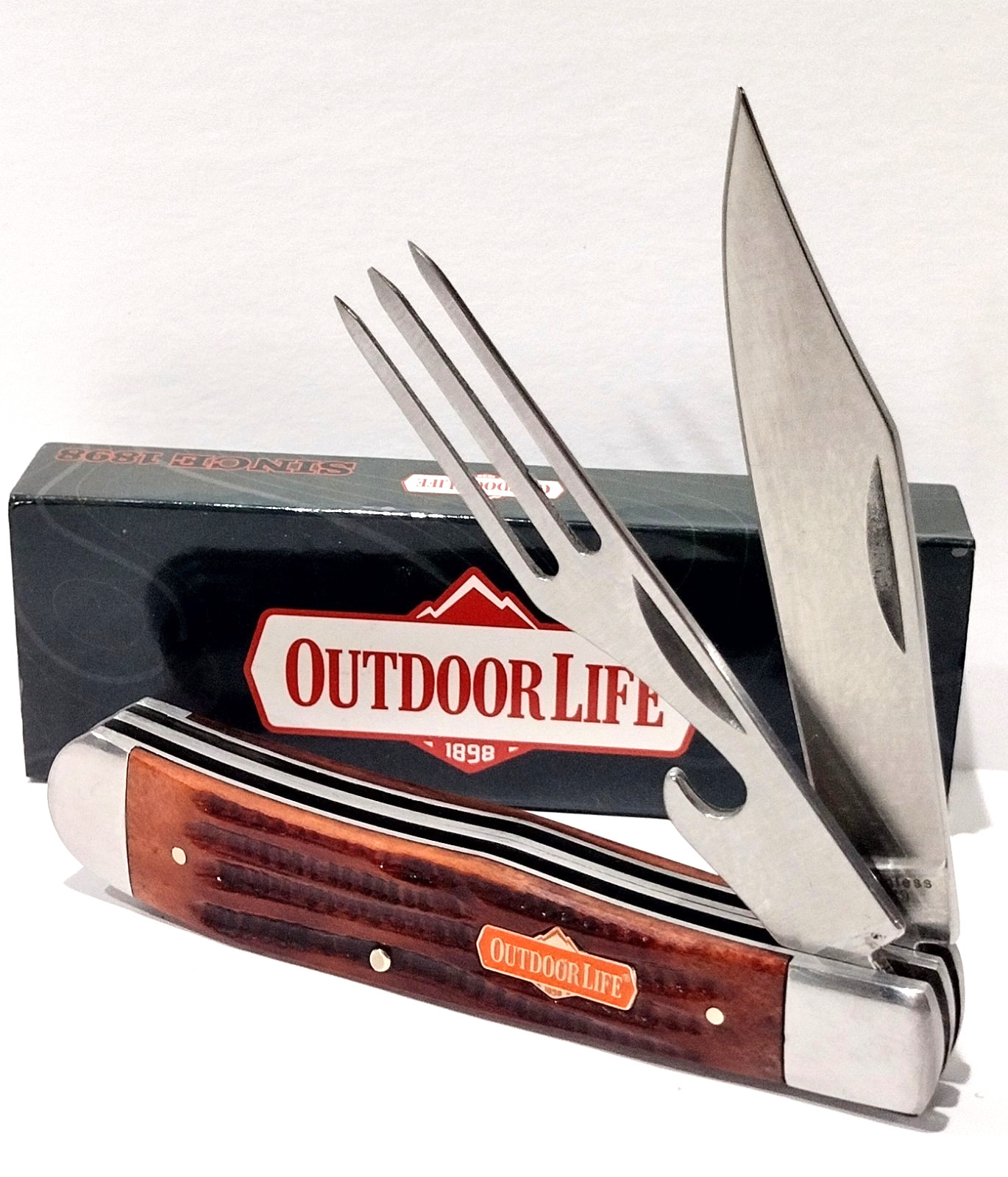 Outdoor Life HOBO Jig Bone Folding Knife w/ Fork Utensil Boy Scouts Camping Tool