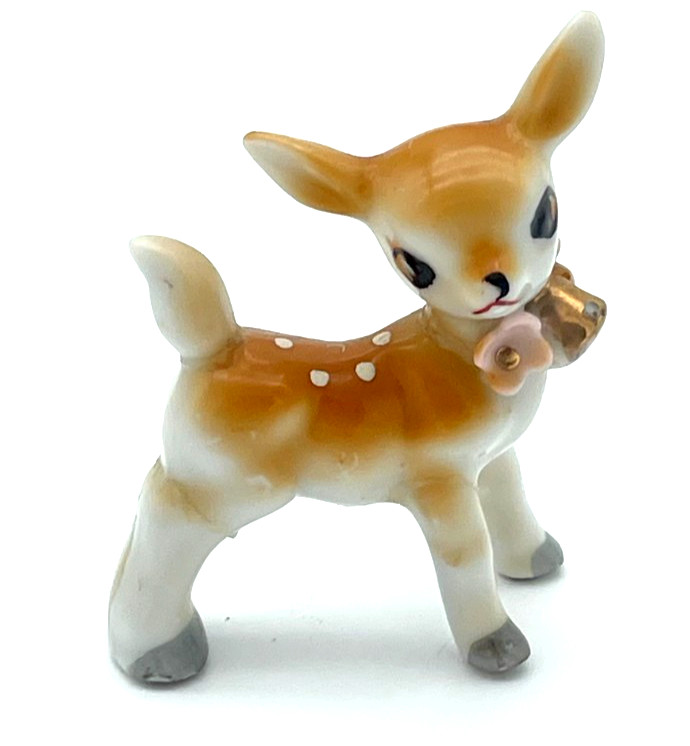 Vintage Japan Ceramic Spotted Fawn Deer Figurine Pink Flower Hand Painted 2.5”