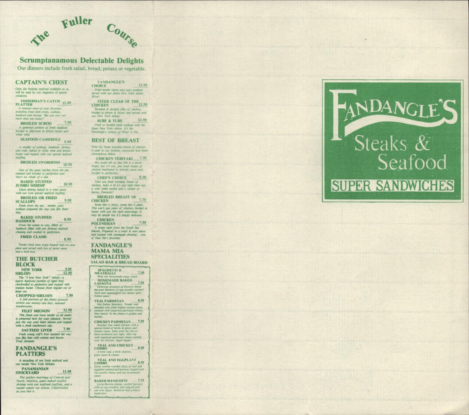 1980s FANDANGLE\'S STEAKS & SEAFOOD vtg take-out menu NORTH CONWAY, NEW HAMPSHIRE