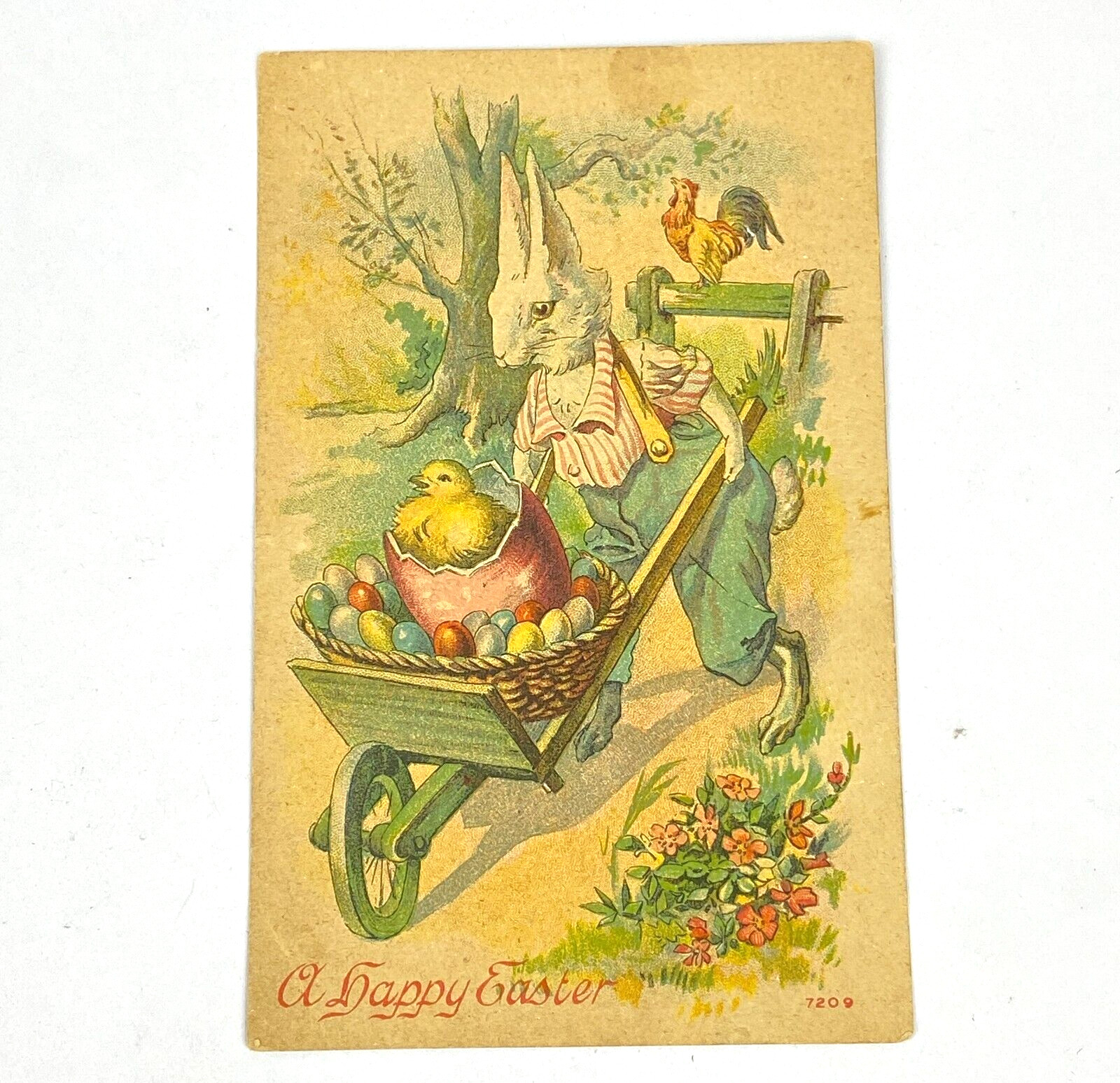 Happy Easter Postcard Bunny Rabbit Pushing Cart Chick Eggs Basket Rooster VTG