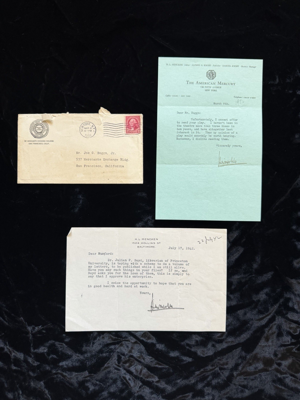 H. L. (HENRY LOUIS) MENCKEN - TWO TYPED LETTERS SIGNED 1932 1942