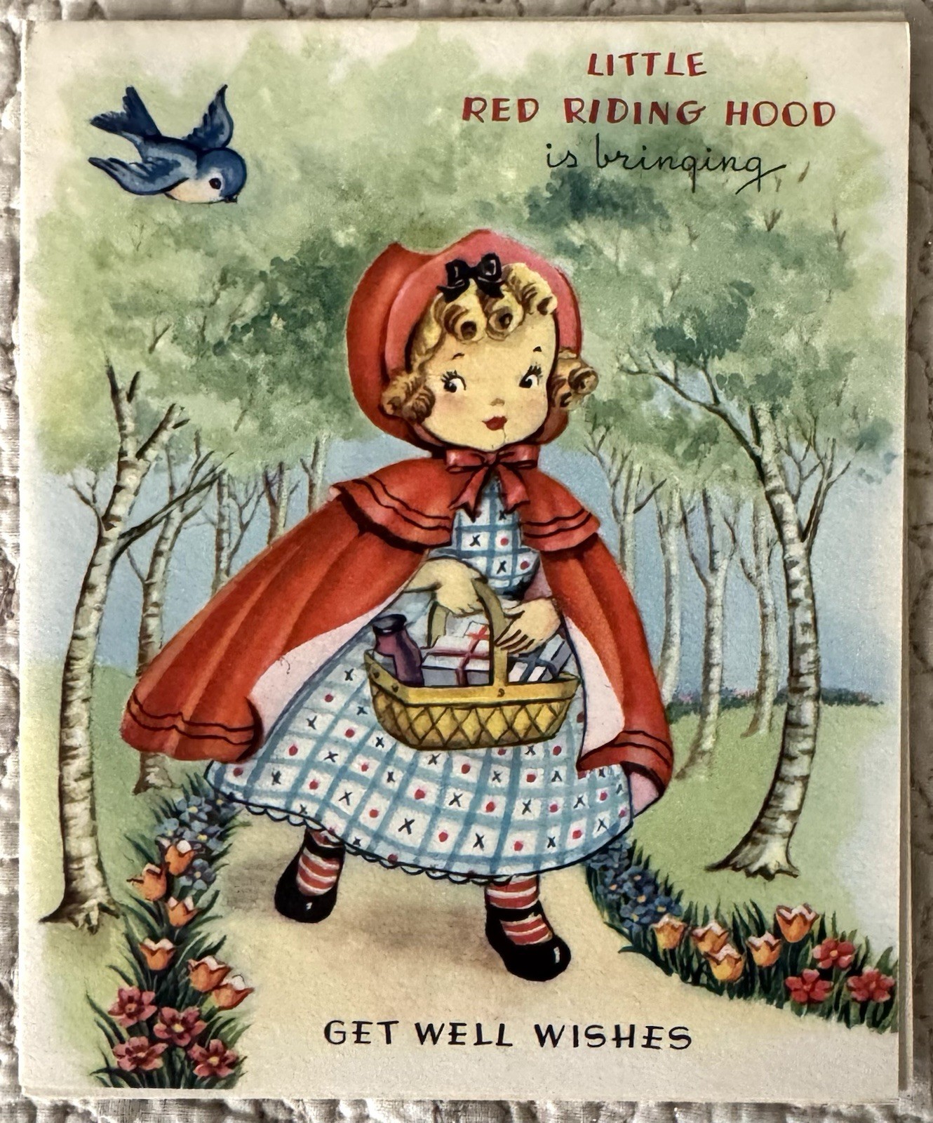 Unused Get Well Little Red Riding Nursery Rhyme Vtg Greeting Card 1940s 1950s