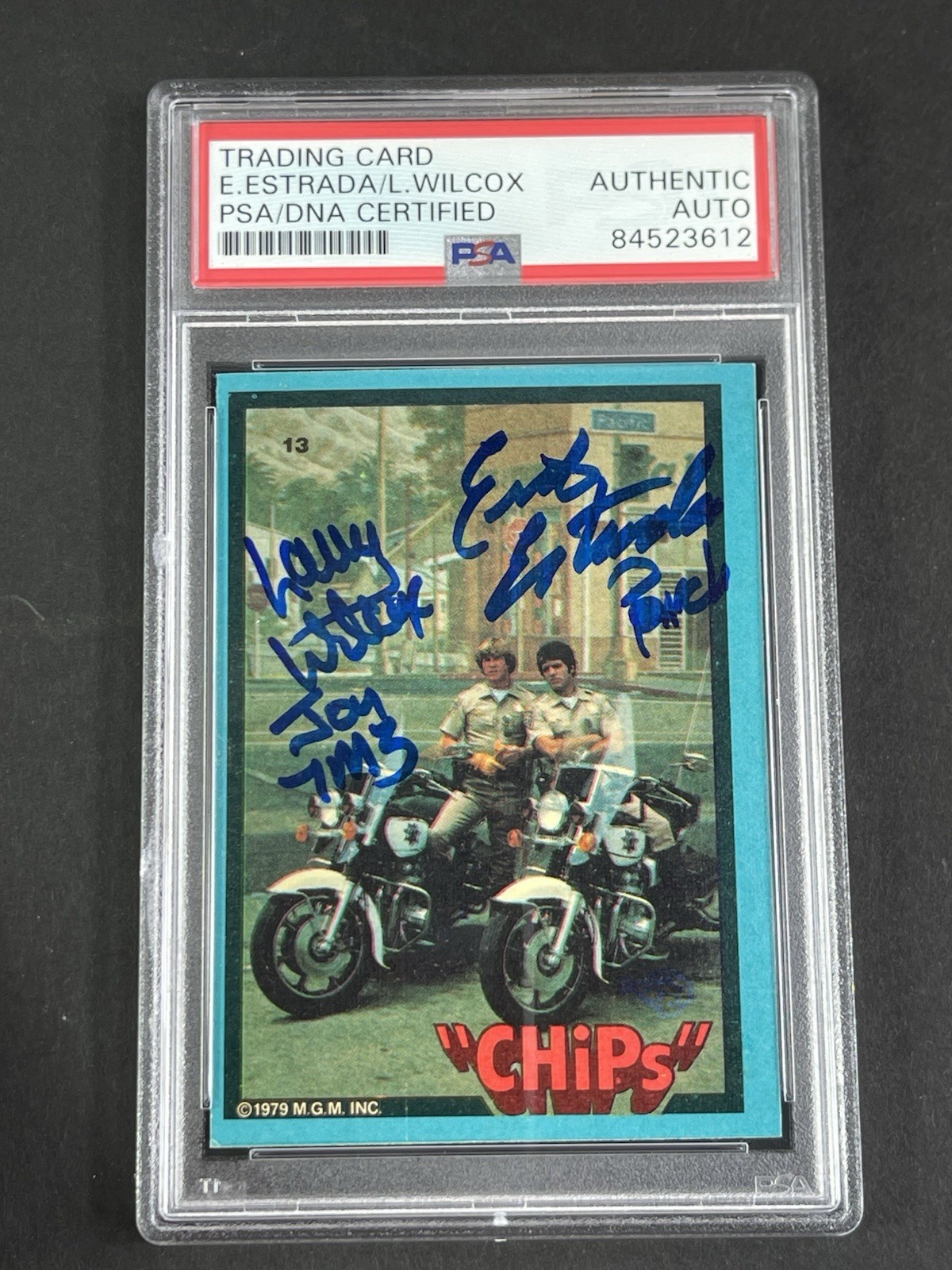 Erik Estrada & Larry Wilcox Signed vintage Chips Trading Card  PSA/DNA Slabbed