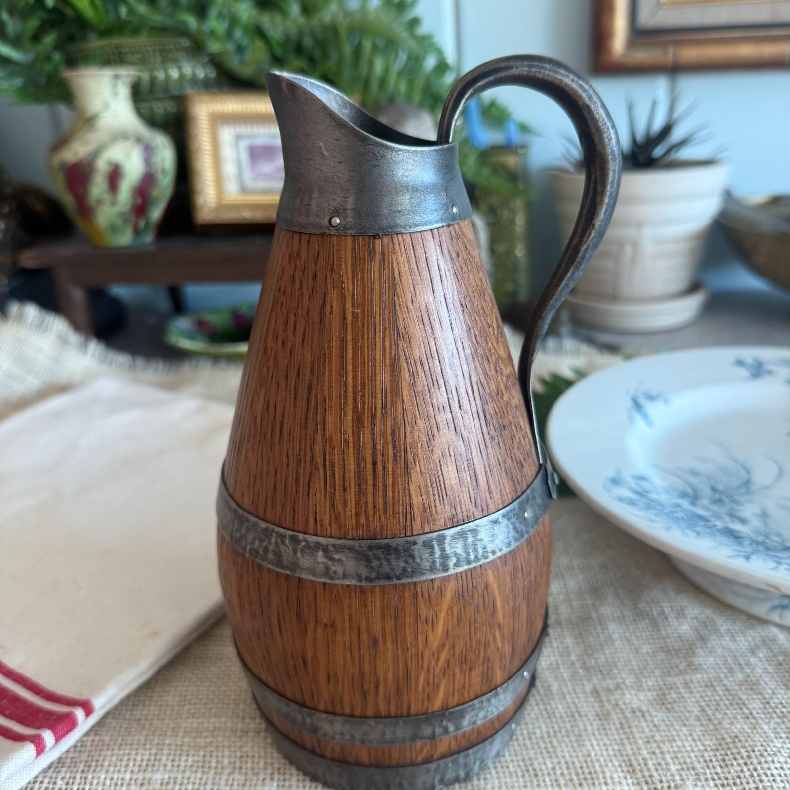 Vintage French Wooden Wine Pitcher - Staved Oak & Metal Barrel Cider Jug