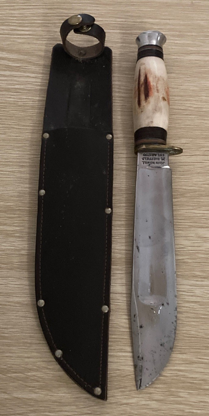 JOHN NOWILL ENGLAND VINTAGE STAG LARGE HUNTING KNIFE WITH SHEATH RARE.
