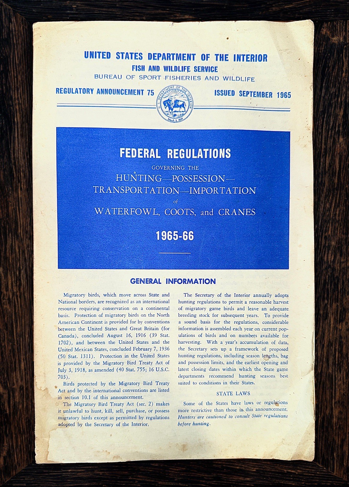 Vintage 1965-66 Federal Hunting Regulations Waterfowl Coots Cranes Duck Stamp