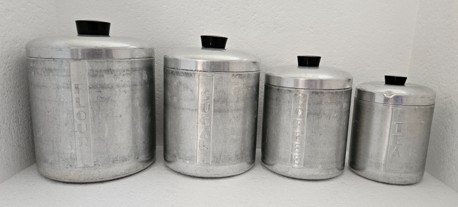 Vtg Spun Aluminum Nesting Canister Flour Sugar Coffee Tea Set of 4 with Lids MCM