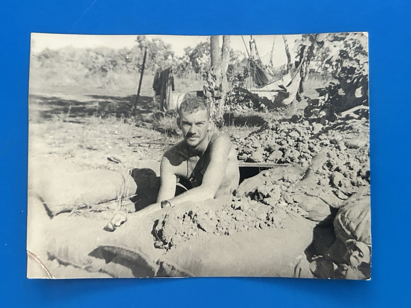 1942 WWII Vintage Photo Soldier in Sandbag Position Camp December 1942 Original