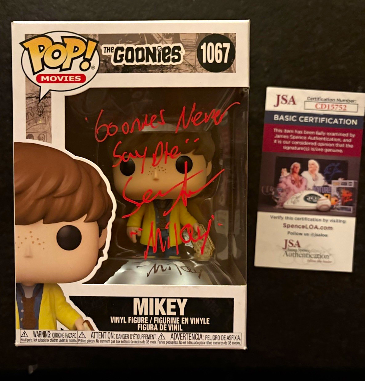 SEAN ASTON SIGNED AUTOGRAPH MIKEY FUNKO POP 1067 GOONIES NEVER SAY DIE JSA COA