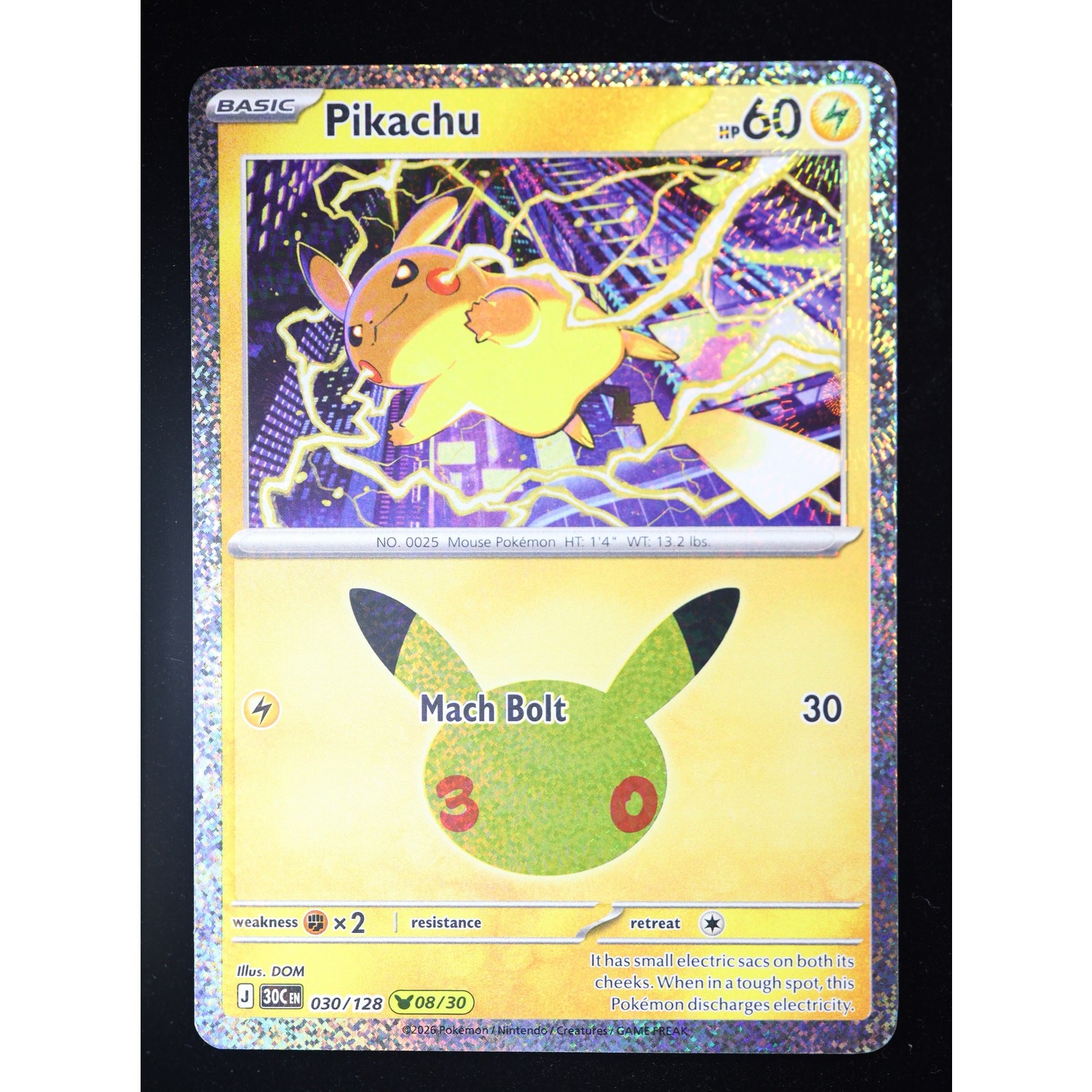 Pokemon Pikachu 030/128 08/30 30th Celebration Holo English NM