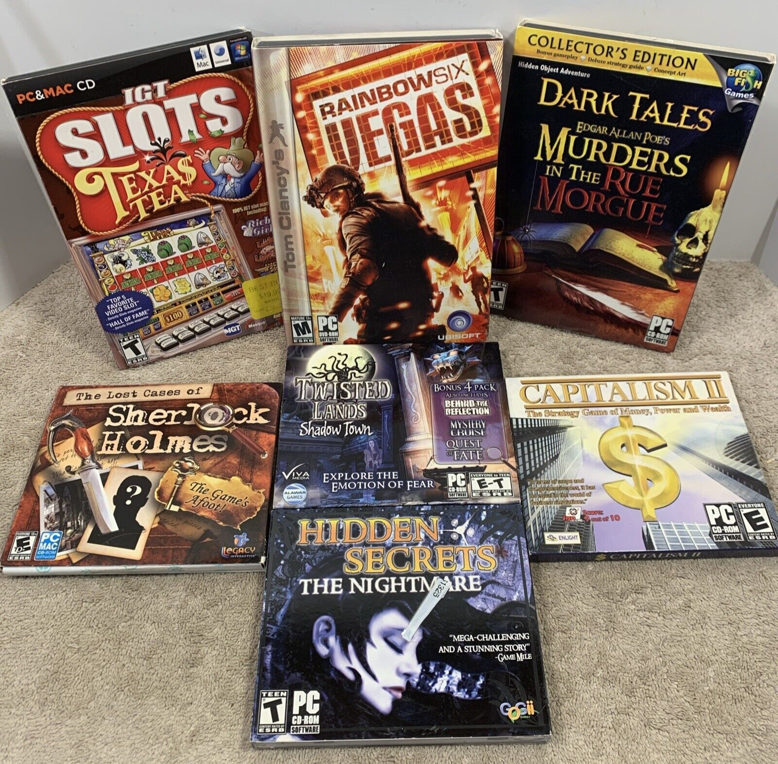 7 PC CD ROM GAMES LOT - Rainbow Six Vegas Capitalism 2 Texas Tea IGT Slots