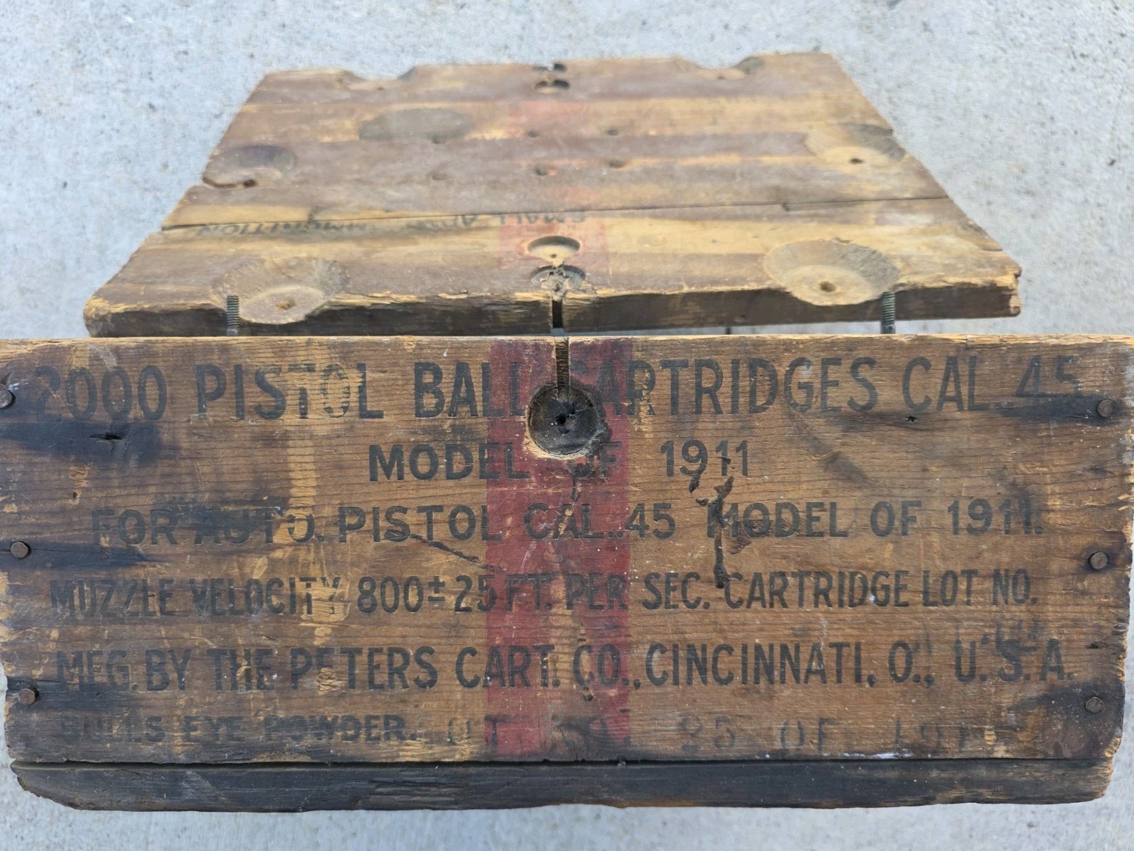 WWI WW1 Painted Cal .45 Caliber 1911 Peters WOOD AMMUNITION AMMO Box Crate Acp