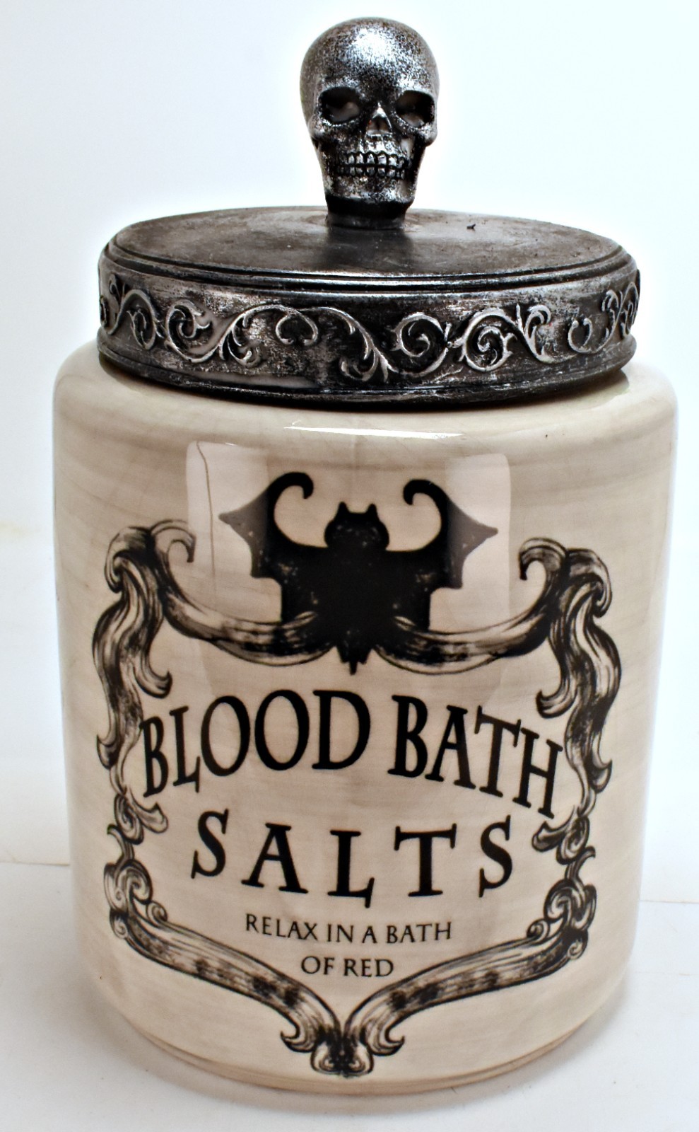 Vintage Blood Bath Salts Ceramic Jar Gothic Halloween Vampire Bat Canister