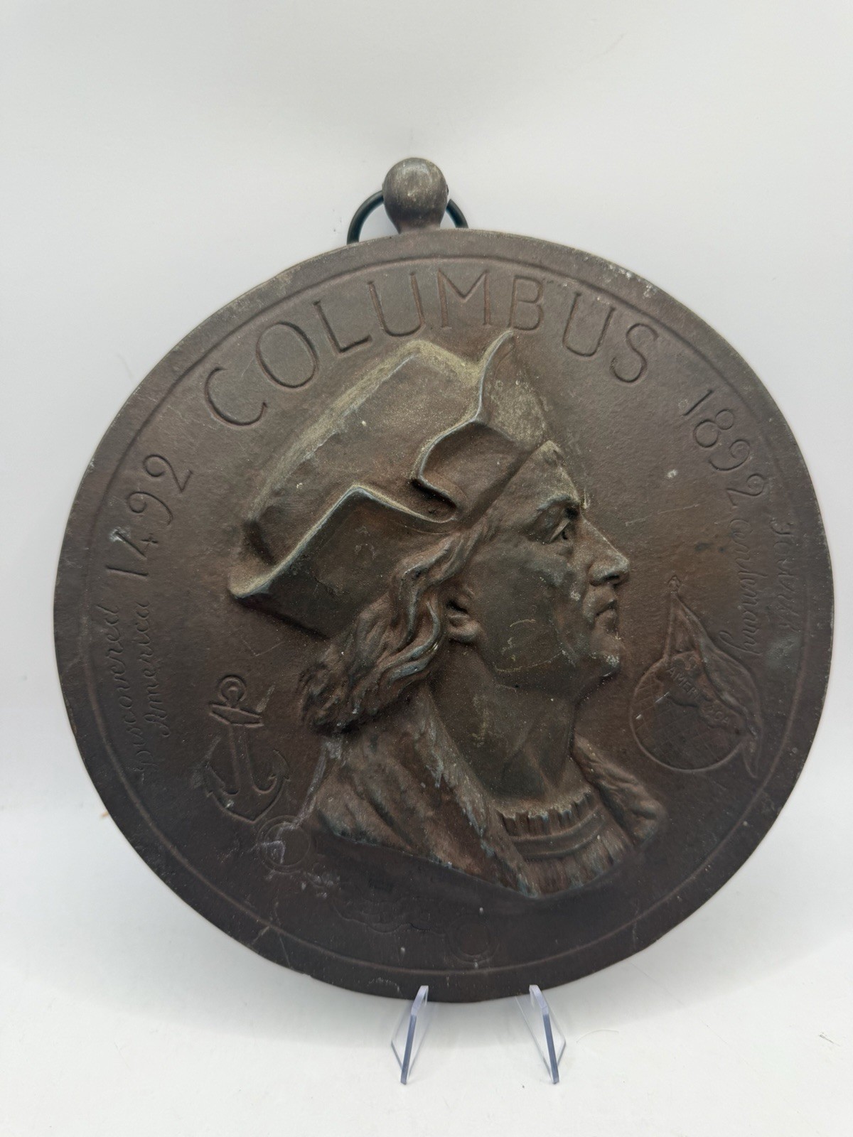 antique Christopher COLUMBUS 1492-1892 metal wall plaque 3D decor Rare Fast Ship