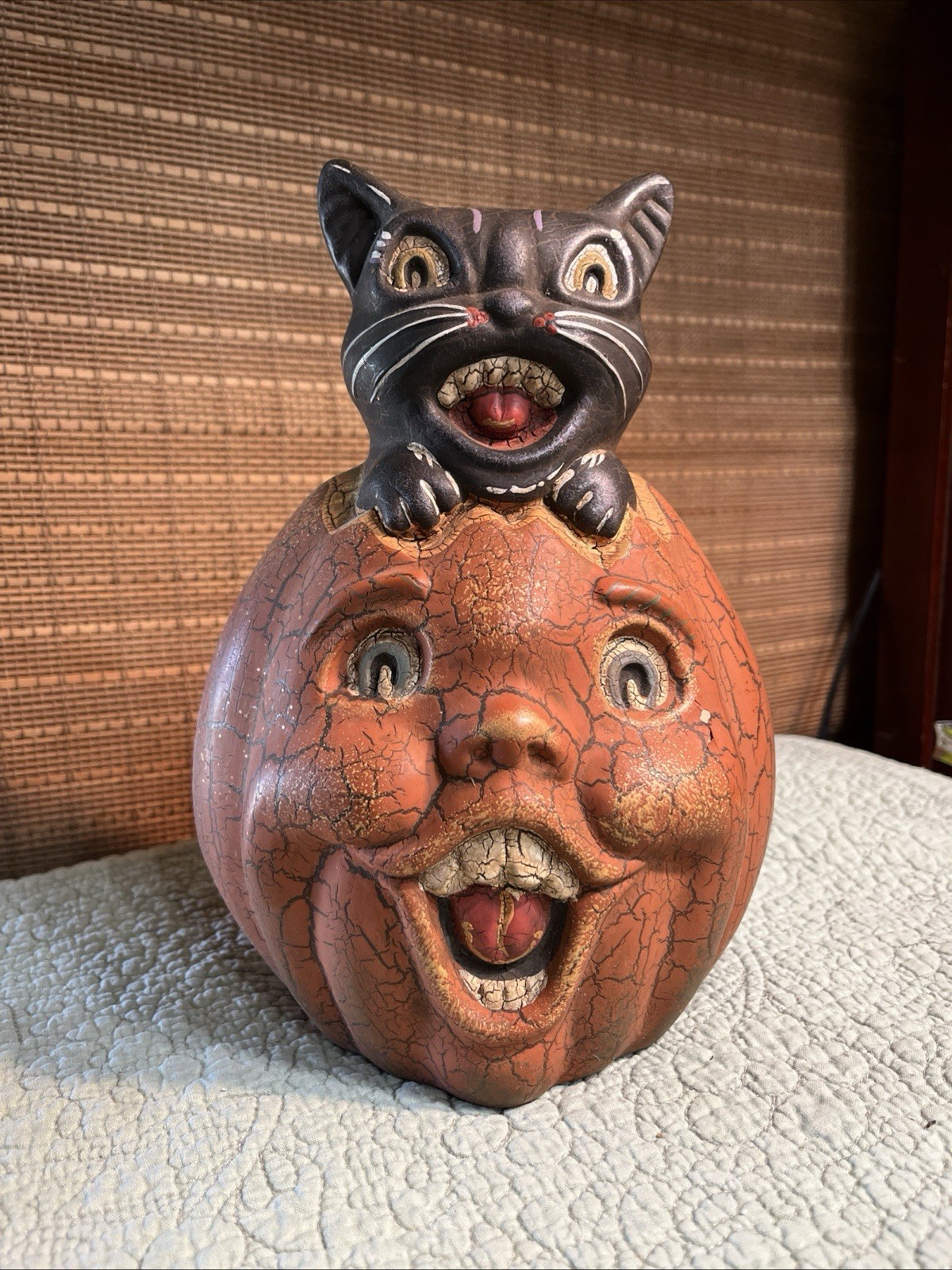 Vintage Jack O Lantern Halloween Pumpkin Black Cat Papier Mache Clay