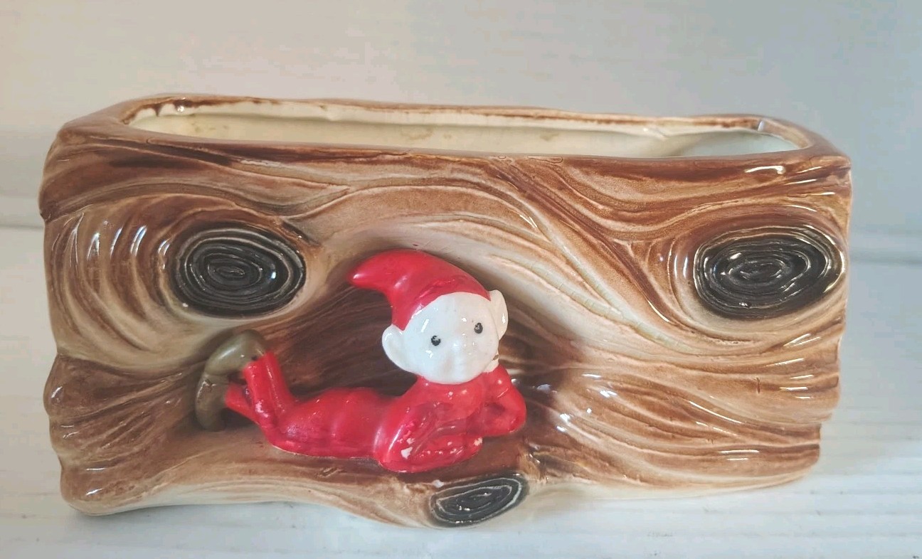 Vintage Mid Century Modern Ceramic Pixie Elf Log Planter Unmarked MCM Kitsch