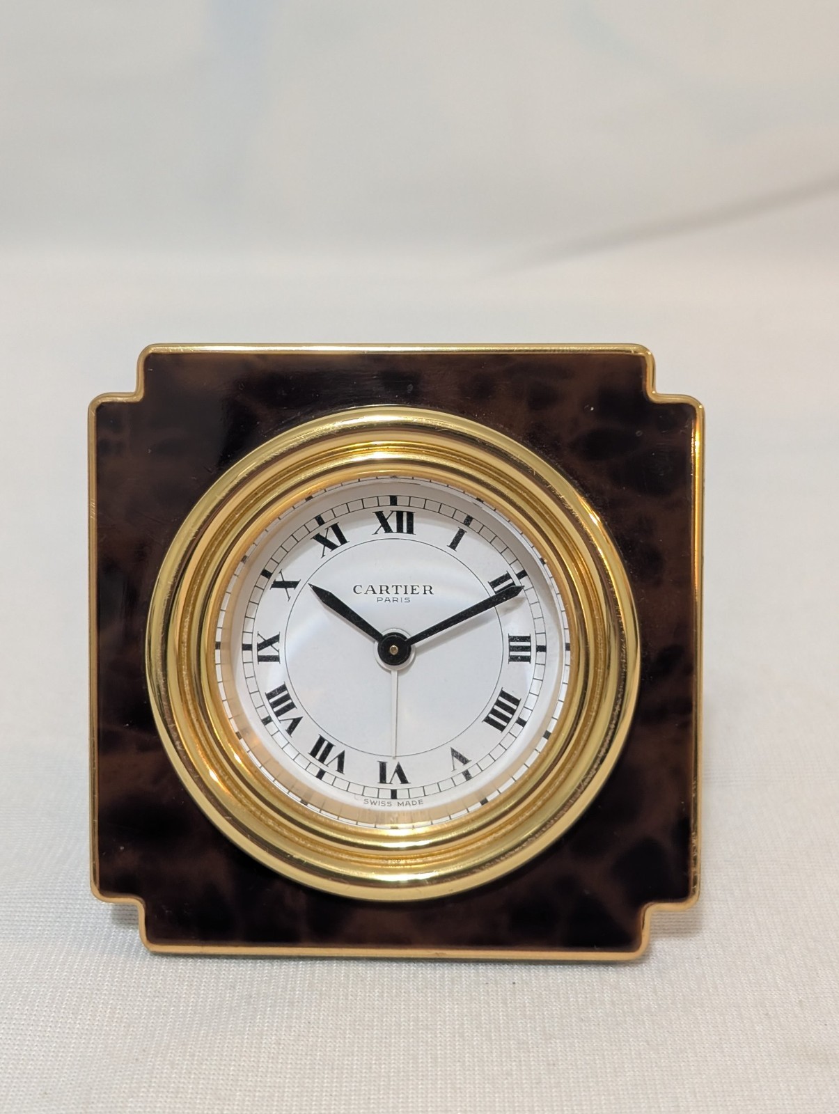 Vintage Cartier Paris Travel Alarm Clock Manual Wind Tortoise Enamel Gold Plated