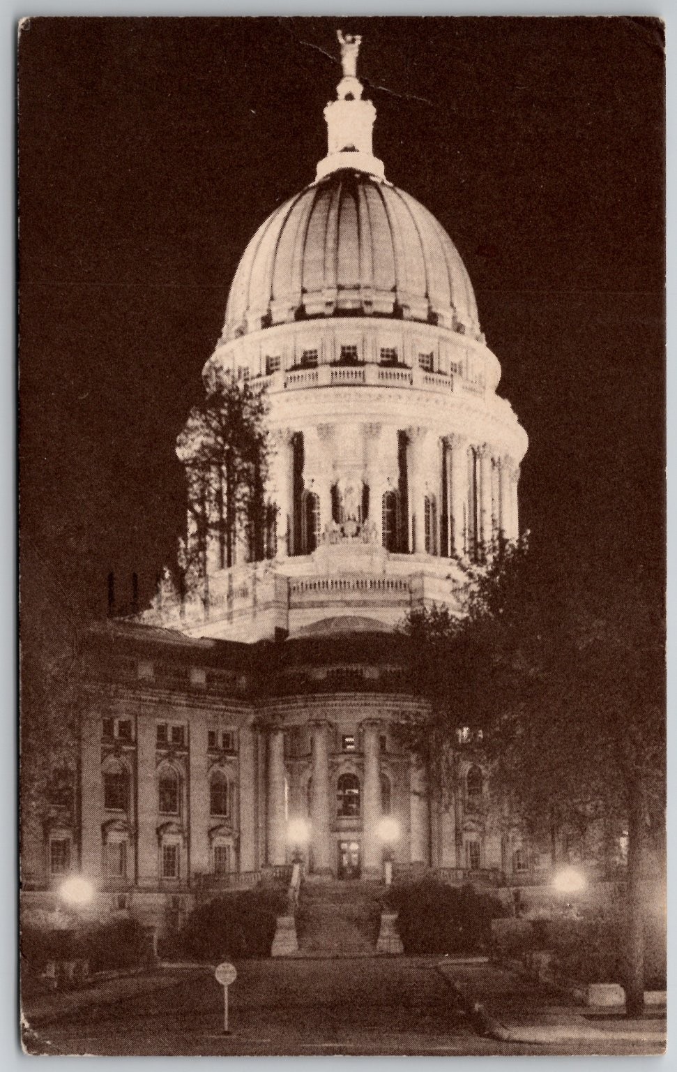 1943 Madison WI Capitol Dome Night View Postcard WWII Era Diemer Photo