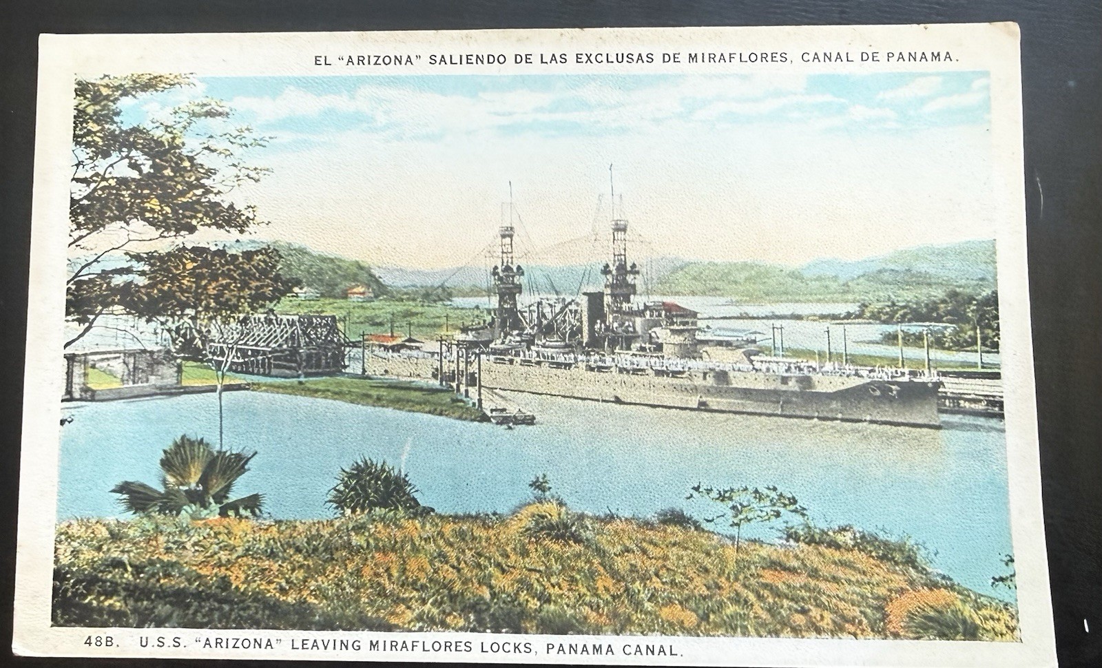 RARE VINTAGE POSTCARD USS ARIZONA MIRAFLORES LOCKS PANAMA CANAL