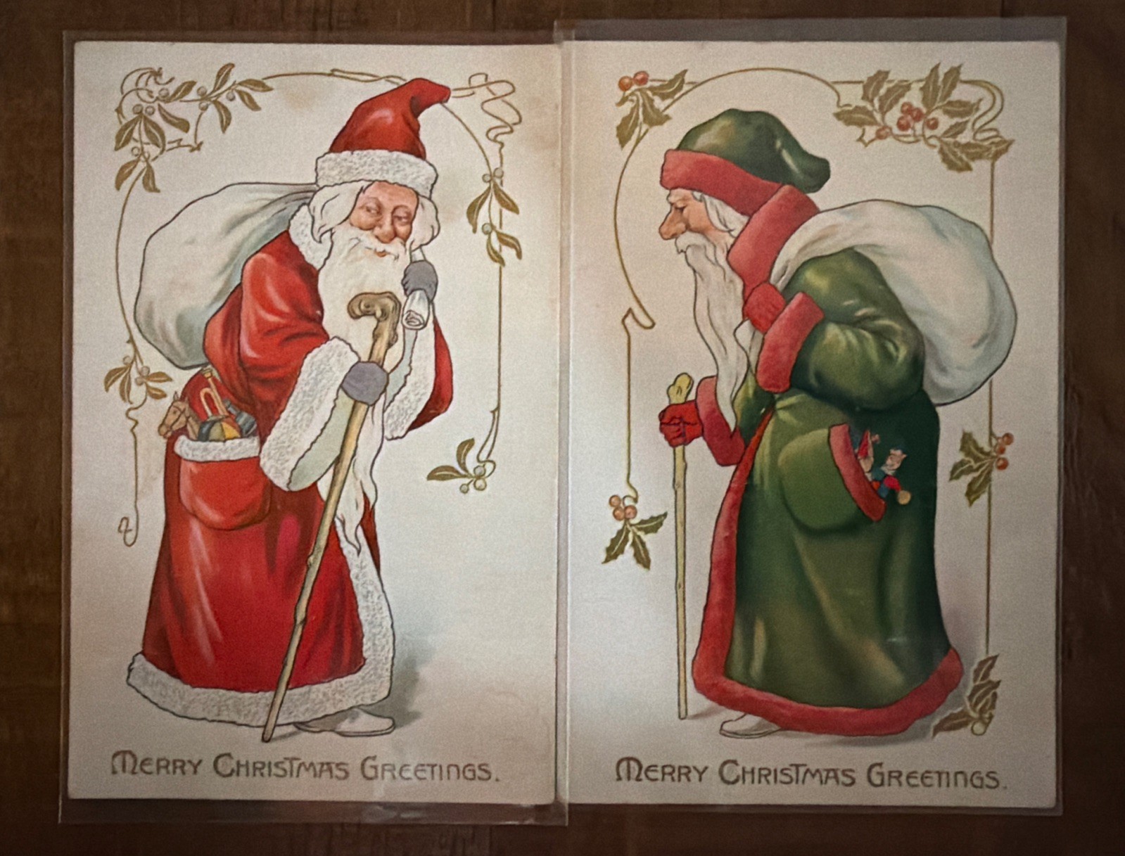 Lot of 2~Tuck Green & Red Robe Old World Santa Claus~Christmas Postcards~s493