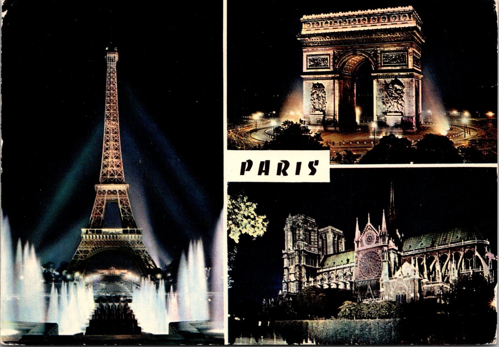 Paris Night Eiffel Tower Arc De Triomphe Notre Dame 1969 Vintage Postcard TPQ27