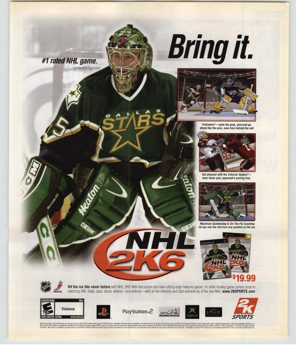 NHL 2K6 Xbox 360 PS2 Vintage Print Ad/Poster Official Marty Turco Dallas Stars