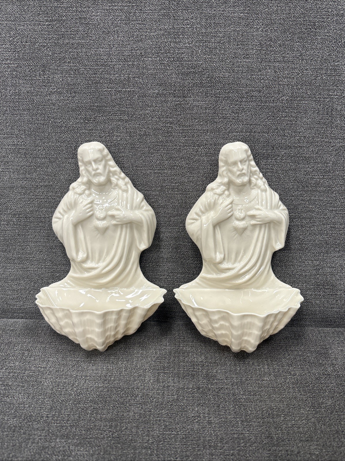2 Belleek Ireland Porcelain Vintage Holy Water Font Basins Sacred Heart of Jesus