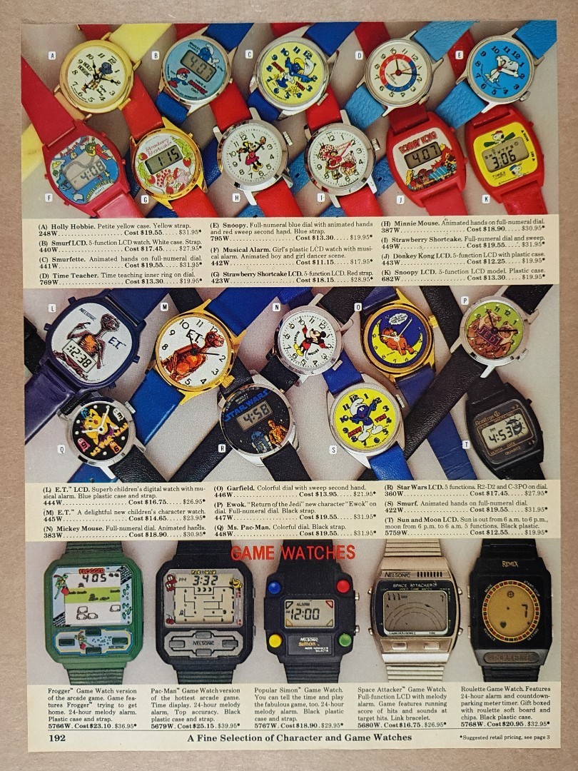 Character & Nelsonic Game Watches Pac-Man Frogger Smurfs ET 1984 catalog ad page