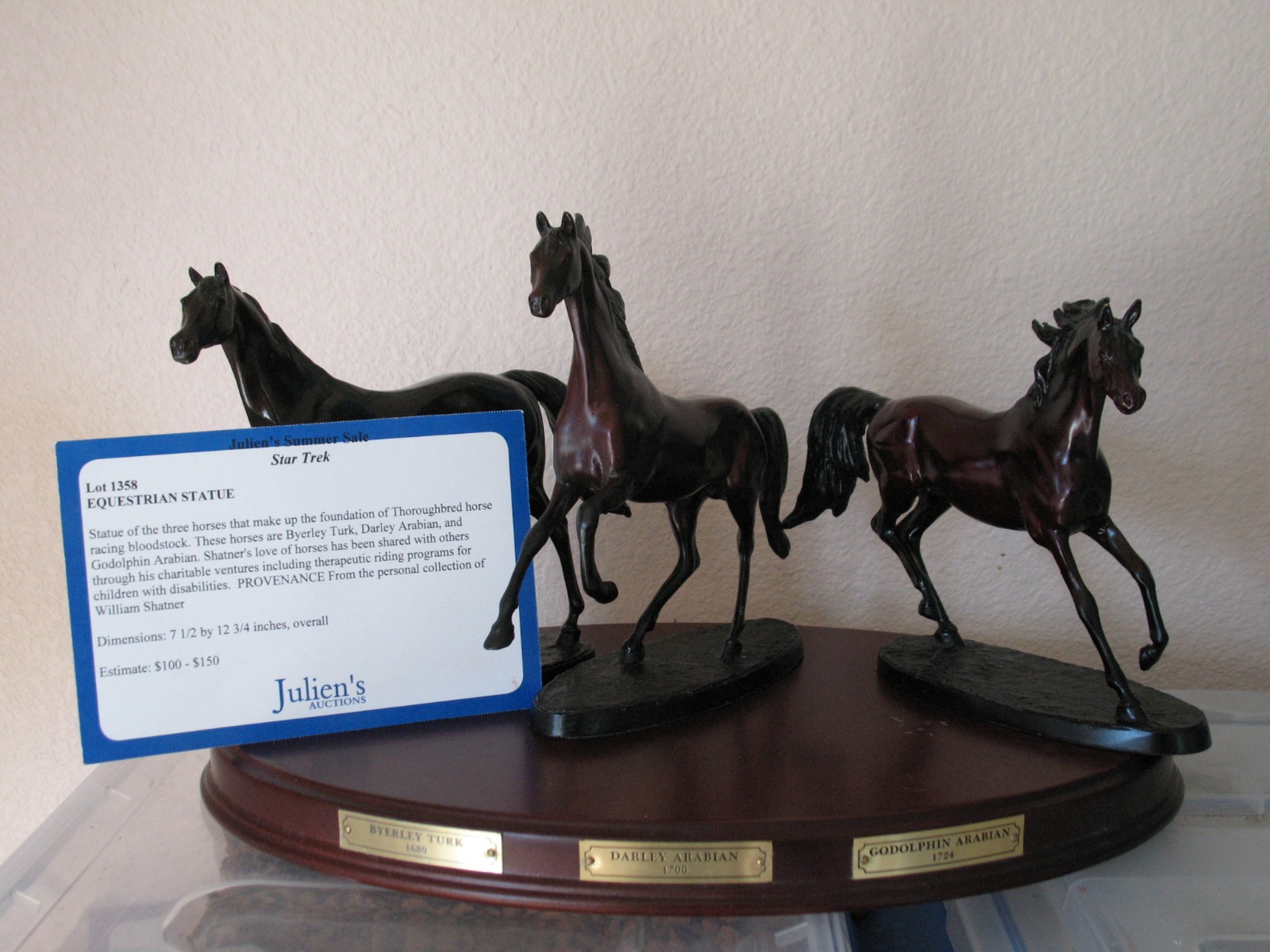 William Shatner Personal Estate Franklin Mint Bronze 3 Horse Statue Set COA