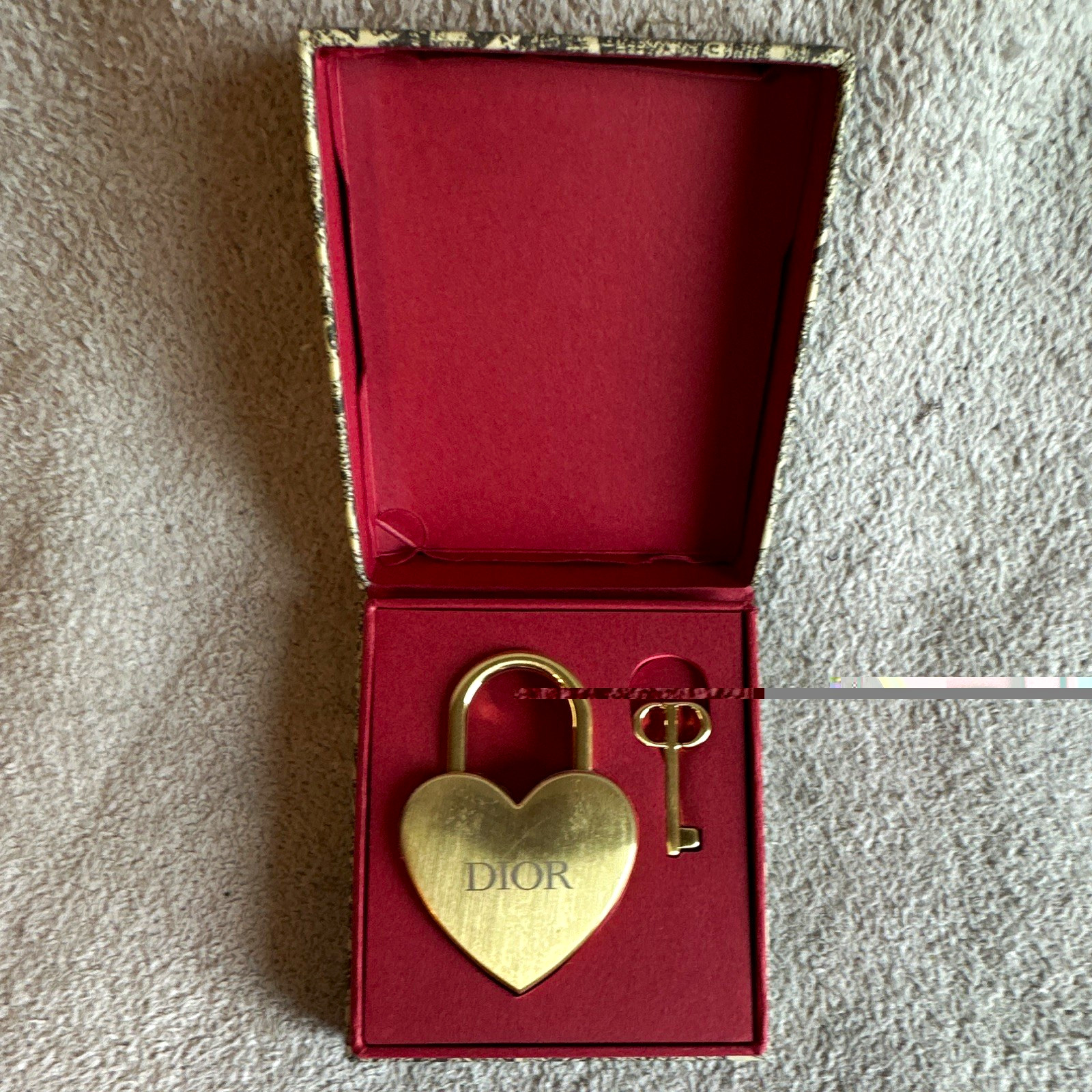 Christian Dior DIOR Heart-Shaped Gold Tone Padlock & Key in Box