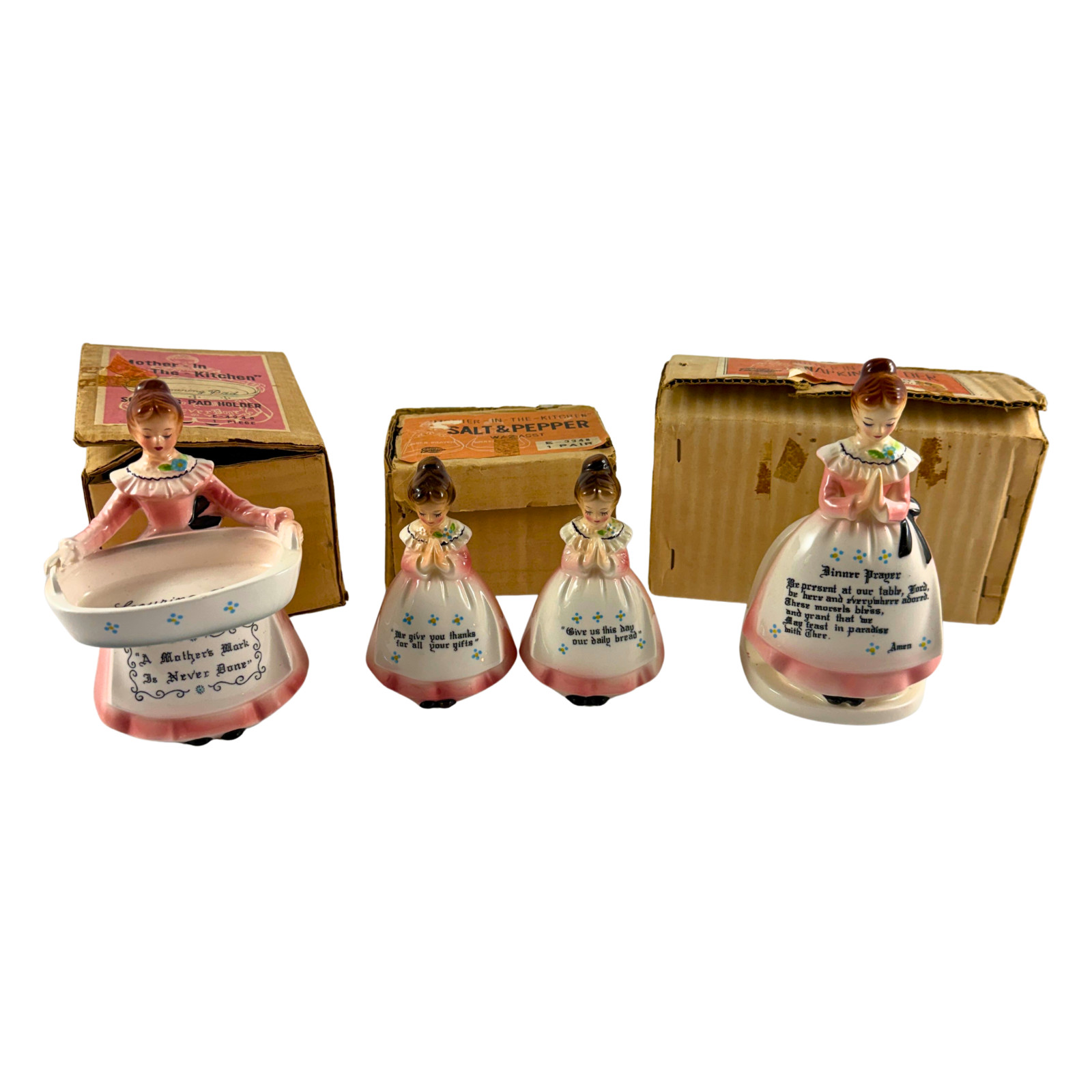 Vintage Enesco Mother In The Kitchen Ceramic Set Japan Salt Pepper Prayer 4pc