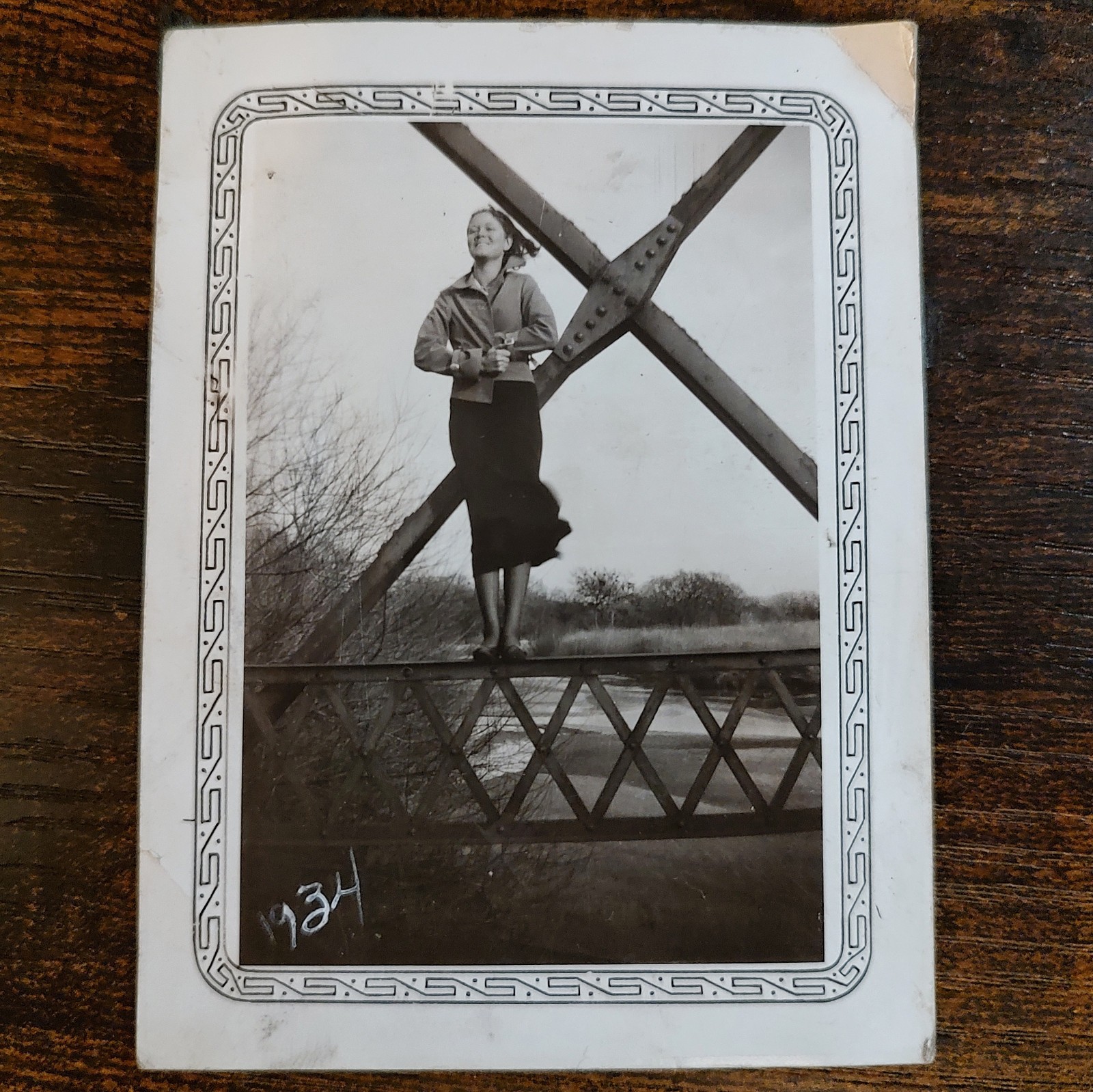 Pretty Young Woman On Bridge / Vintage Snapshot Found Photo