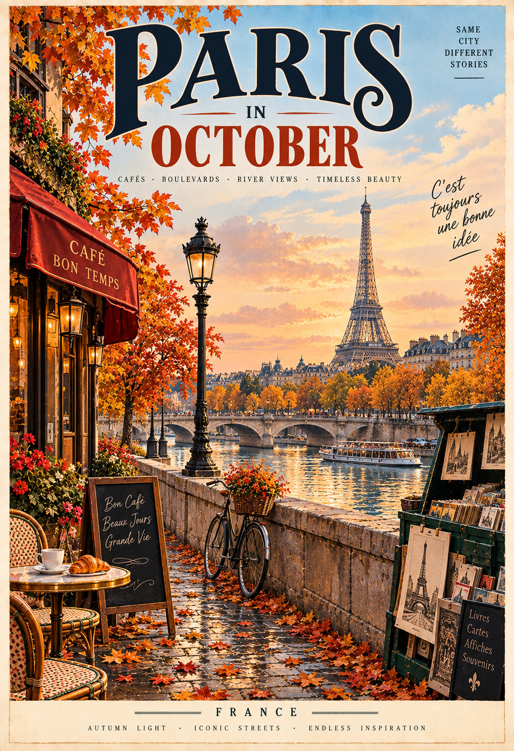 Paris in October France Vintage Autumn Travel Poster Fall Wall Art 13x19