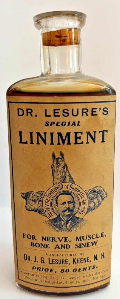 Dr. Lesure's Liniment old bottle, full, veterinary, Keene NH, label is perfect