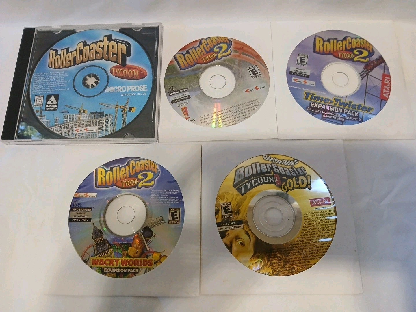 (5) Roller Coaster Tycoon 1 2 3 + 2 Expansion Packs PC CD-ROM Computer Game Disc