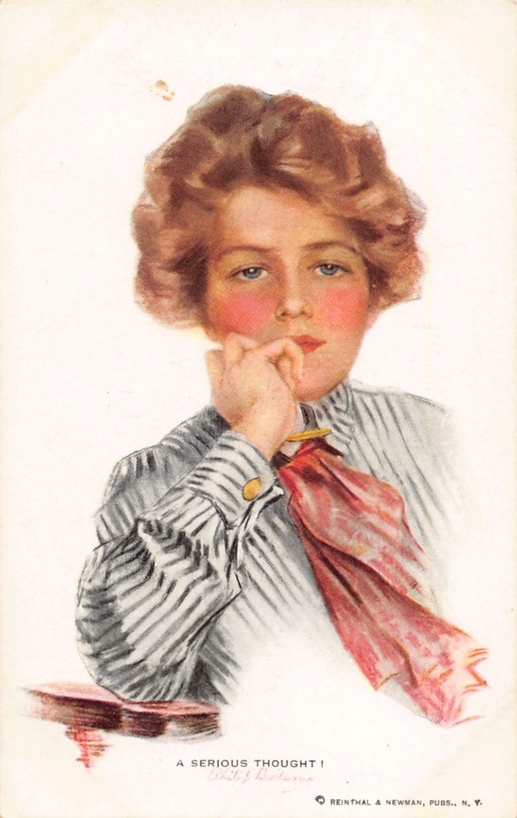 Artist Signed Portrait of Young Lady - 'A Serious Thought' – Vintage Postcard