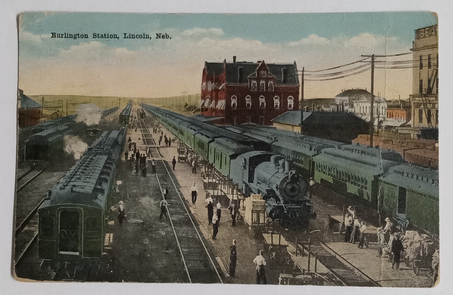1917 Burlington Station Lincoln NE Train Depot Steam Locomotive Postcard