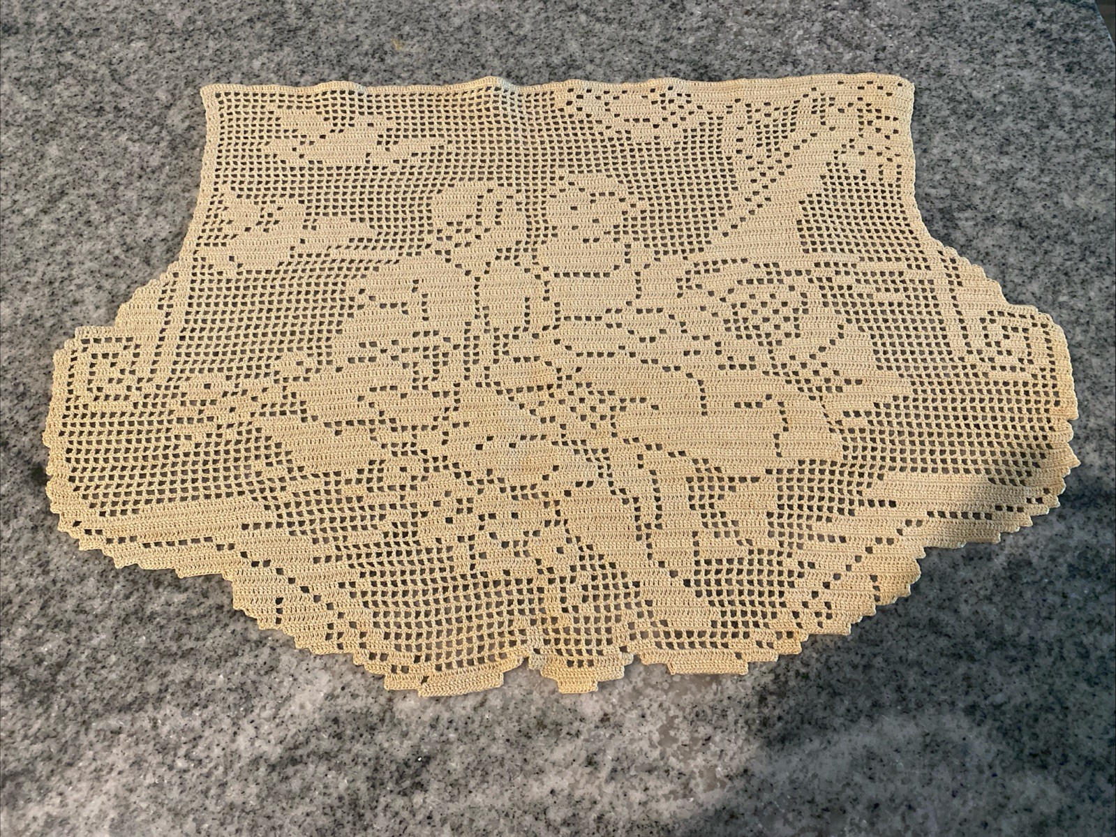 Vintage Hand Crochet Love Boy Girl Doily Chair Back Cottagecore Beige 16x10-1/2”
