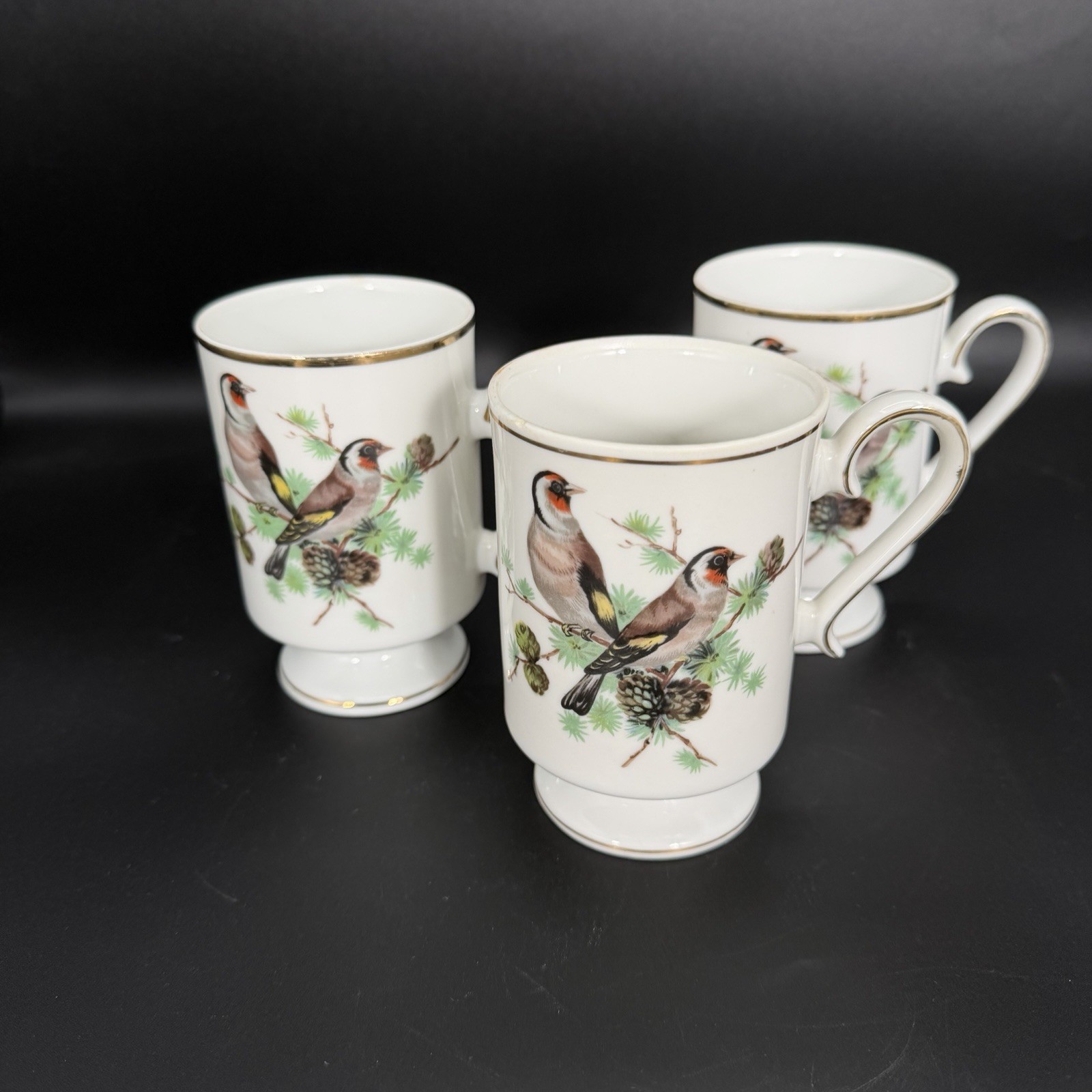 Vintage Royal Crown Bird Mugs Set of 3 Footed Porcelain Gold Trim 8 Oz Japan